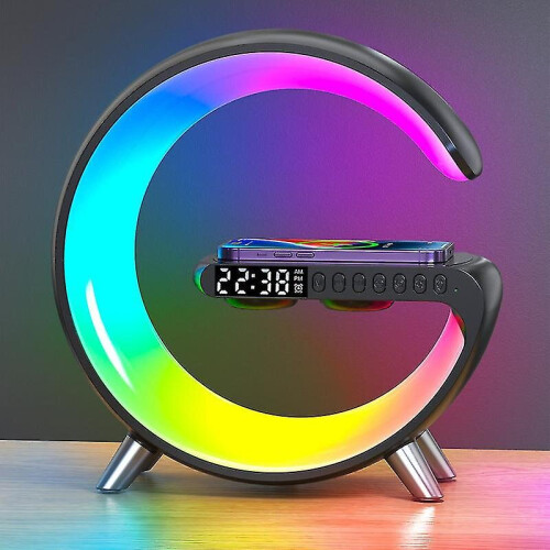 (black) Smart Table Lamp, Wireless Charger Atmosphere Light Bluetooth Speaker Music Rhythm Clock Alarm Clock