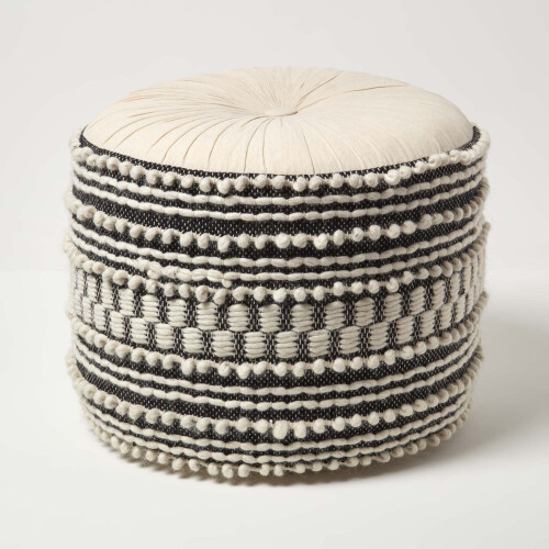 Homescapes Pryia Cream & Black Macrame Boho Pouffe