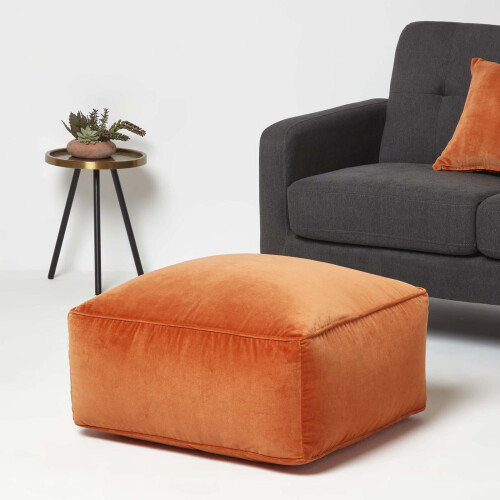 Homescapes (Orange) Velvet Pouffe Bean Cube 1