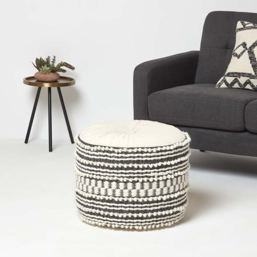 Homescapes Pryia Cream & Black Macrame Boho Pouffe 1