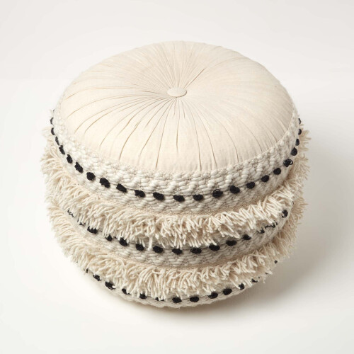 Homescapes Sahara Cream & Black Macrame Tufted Boho Pouffe 2