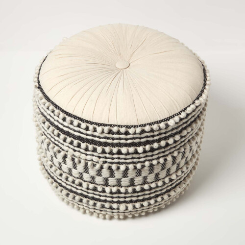 Homescapes Pryia Cream & Black Macrame Boho Pouffe 2