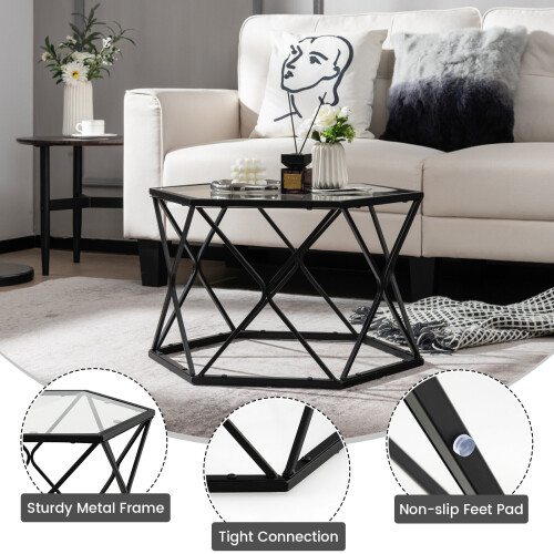 Costway Geometric Glass Coffee Table Hexagonal End Table w/ Tempered Glass Top 2