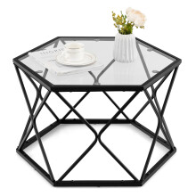 Geometric Glass Coffee Table Hexagonal End Table w/ Tempered Glass Top