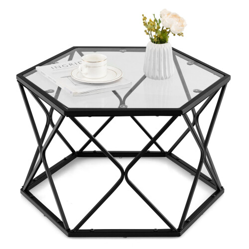 Costway Geometric Glass Coffee Table Hexagonal End Table w/ Tempered Glass Top