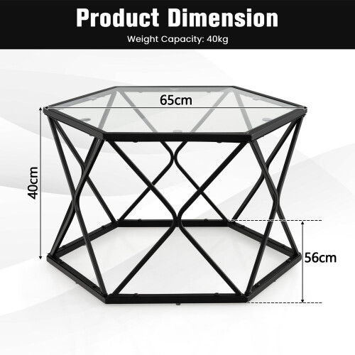 Costway Geometric Glass Coffee Table Hexagonal End Table w/ Tempered Glass Top 1