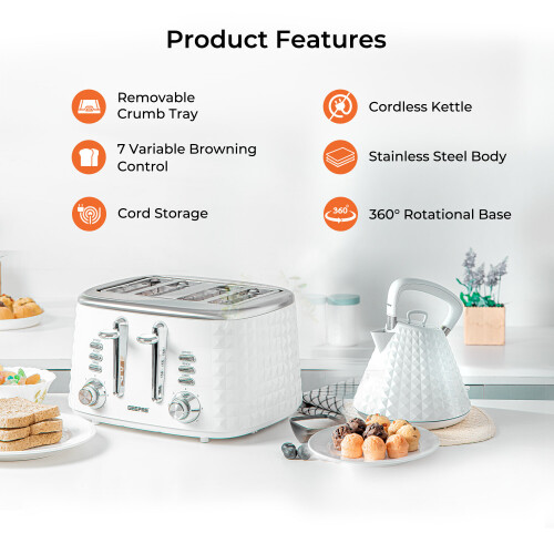 GEEPAS (White) Geepas Kettle & 4 Slice Bread Toaster set 1