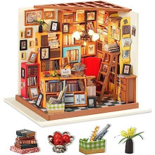 ROBOTIME DIY Dolls House Kit Wooden Library Model Kits Building, Book Nook Miniature Craft Kits, 1:24 Scale Book Store with Furniture and Accessories