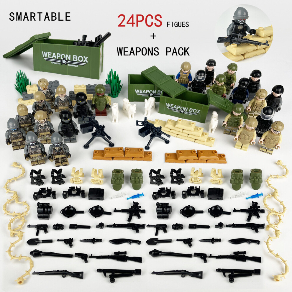 (Style A) 24PCS Military Soldiers Black SWAT Jeeps Minifigures Toys Fit Lego