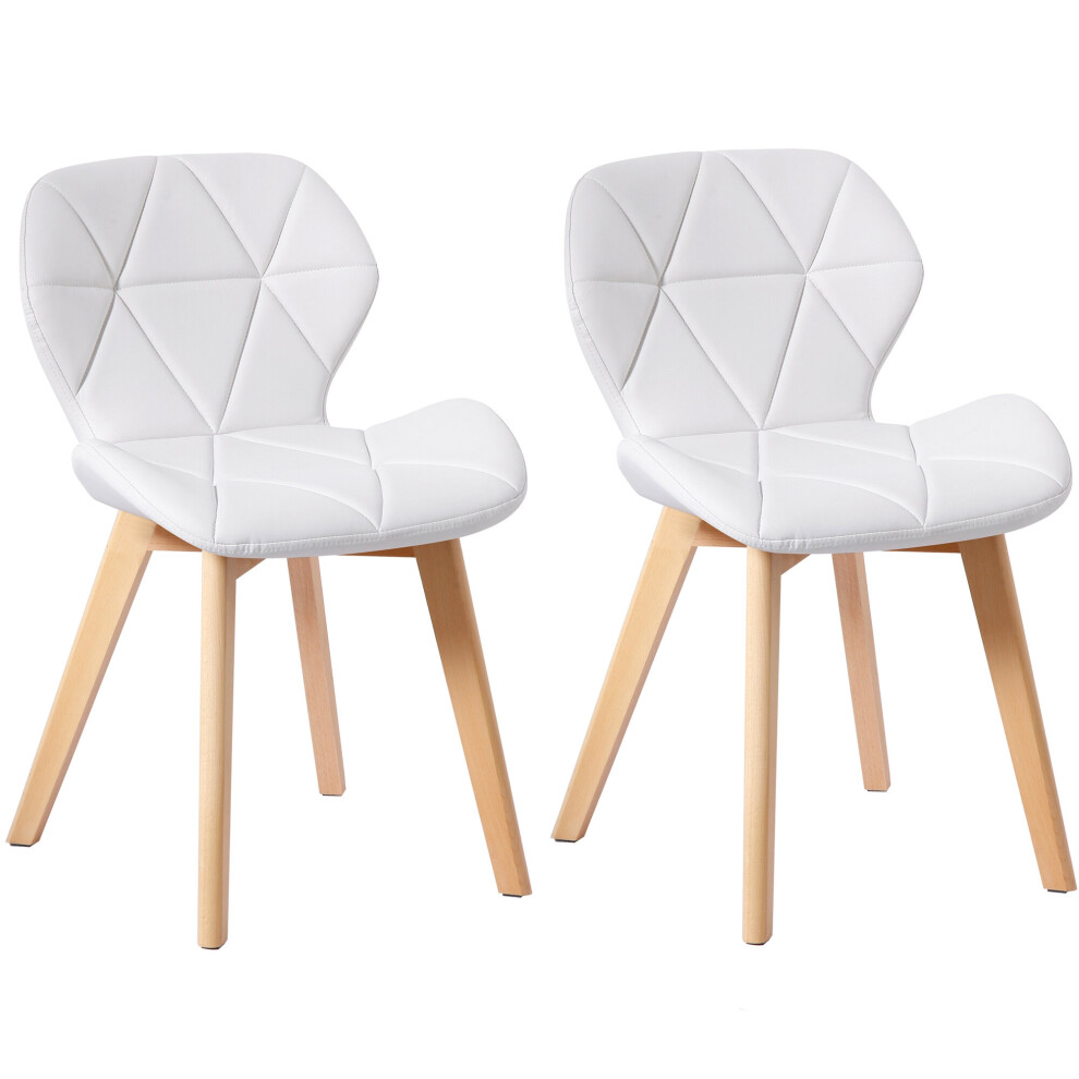 (PU White) Charles Jacobs Set of 2 Diamond Patterned Dining Chairs with Beech Wood Legs