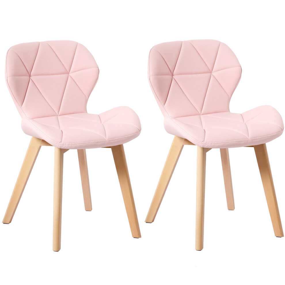 (PU Pink) Set of 2 Diamond Patterned Dining Chairs with Beech Wood Legs