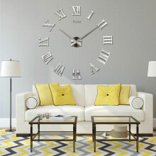 (Silver ) DIY 3D Wall Clock Roman Numerals Large Mirror Surface Luxury Big Art Clock