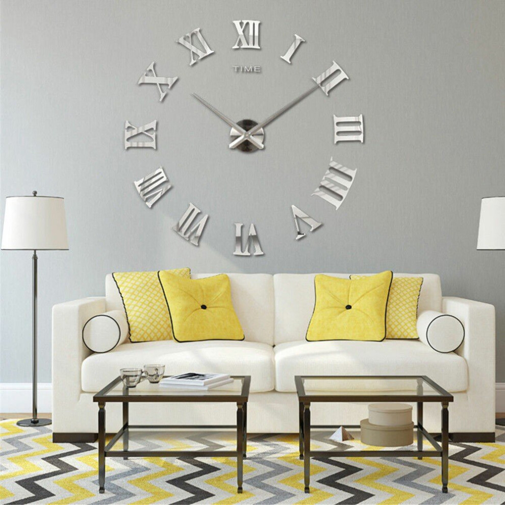 (Silver ) DIY 3D Wall Clock Roman Numerals Large Mirror Surface Luxury Big Art Clock