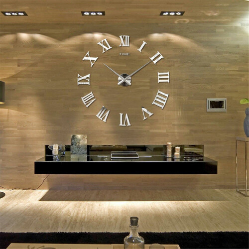 (Silver ) DIY 3D Wall Clock Roman Numerals Large Mirror Surface Luxury Big Art Clock 1