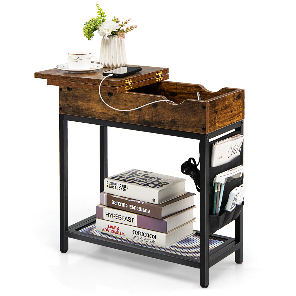 Narrow Side Table End Table Nightstand w/ Flip Top & Charging Station