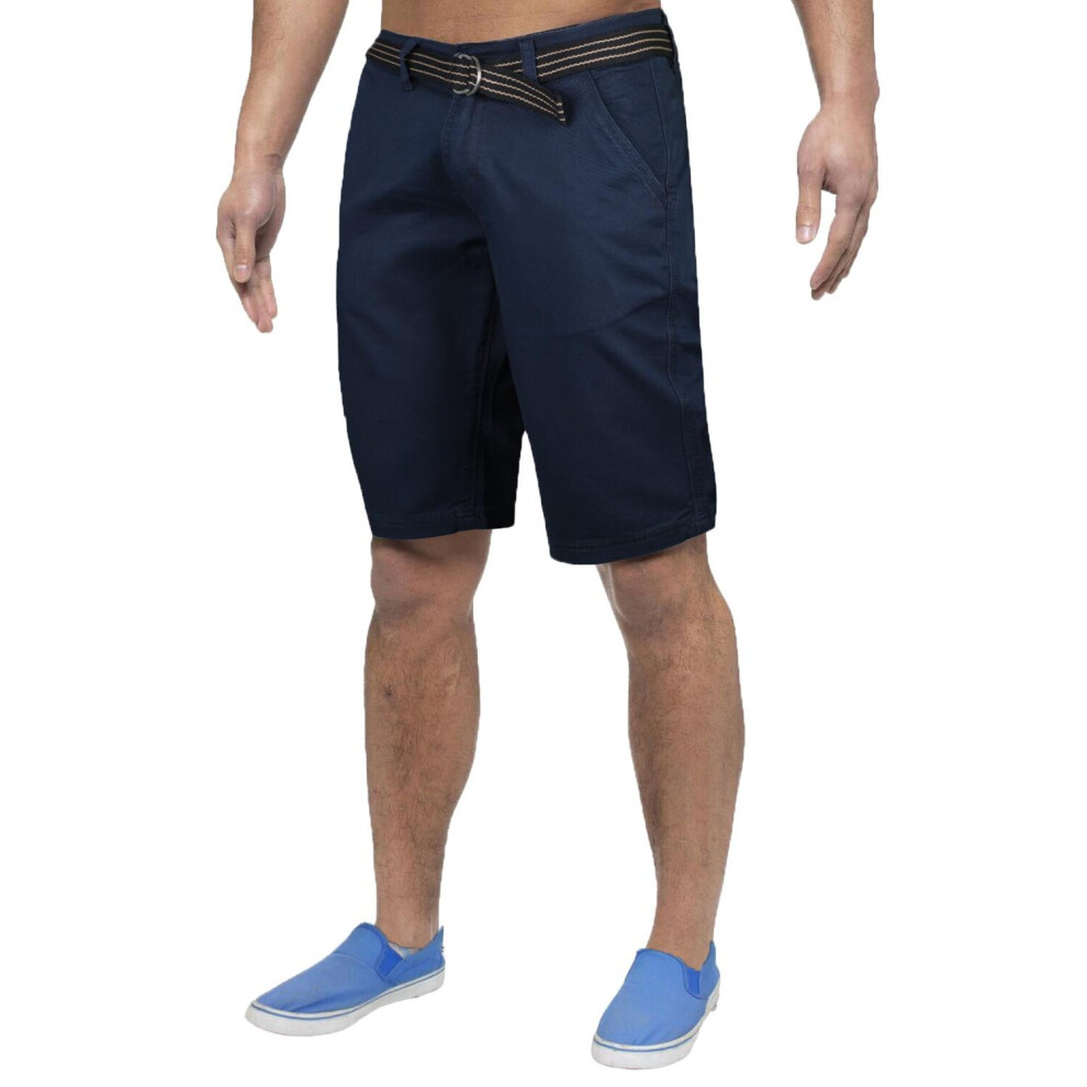 (32, Navy) Mens Chino Shorts Stretchable Half Pants With Belt