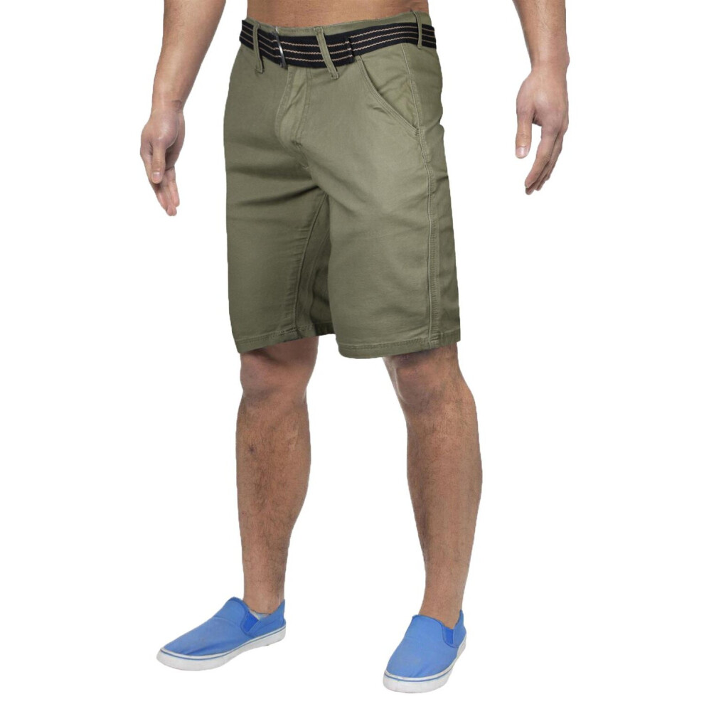 (38, Sage) Mens Chino Shorts Stretchable Half Pants With Belt