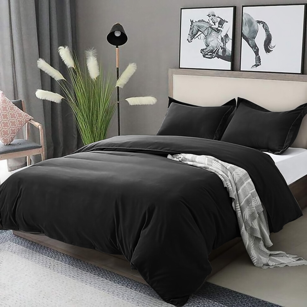 (Black, Double: 200 x 200 cm) Plain Duvet Quilt Cover Bedding Set & Pillowcases