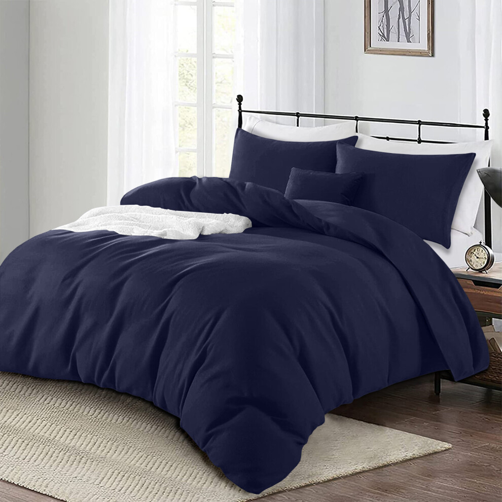 (Navy Blue, Double: 200 x 200 cm) Plain Duvet Quilt Cover Bedding Set & Pillowcases