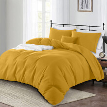 (Mustard Ochre, Double: 200 x 200 cm) Plain Duvet Quilt Cover Bedding Set & Pillowcases