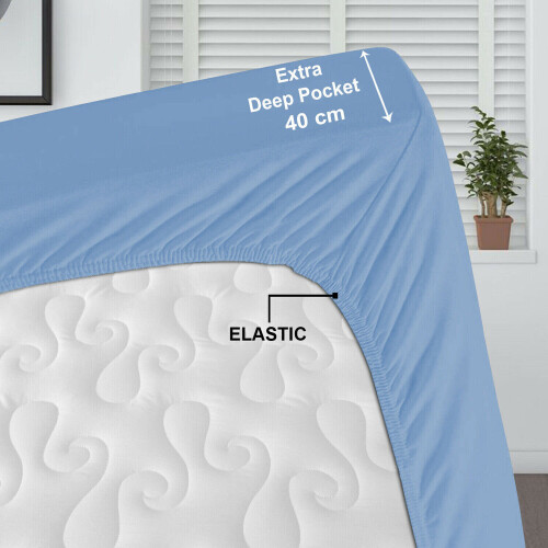 (Single 40cm Fitted Sheet (91x190 cm)) Sky Blue Bed Sheet Extra Deep Fitted Sheets 2