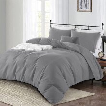 (Grey, Double: 200 x 200 cm) Plain Duvet Quilt Cover Bedding Set & Pillowcases