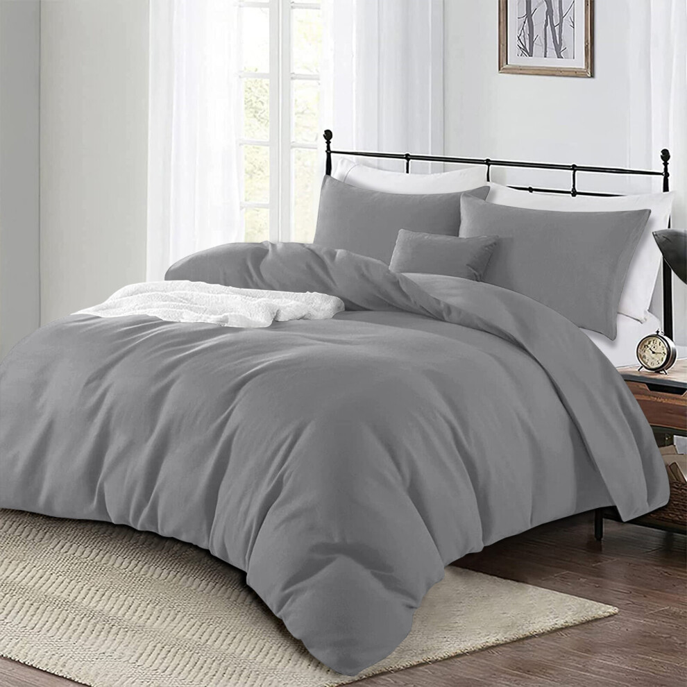 (Grey, Double: 200 x 200 cm) Plain Duvet Quilt Cover Bedding Set & Pillowcases