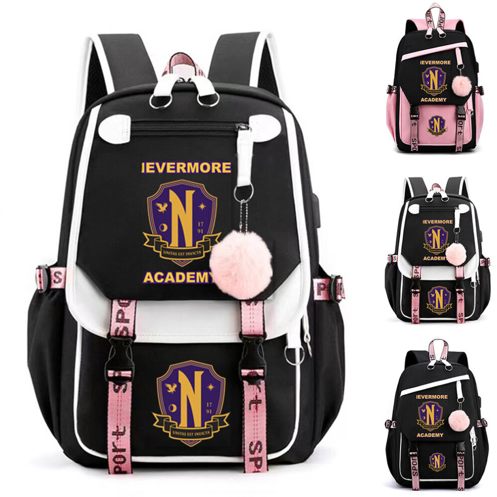 (White) Wednesday The Addams Family Kids Travel Backpack Durable Laptop Rucksack with USB Charging Port Waterproof Large Capacity Schoolbag