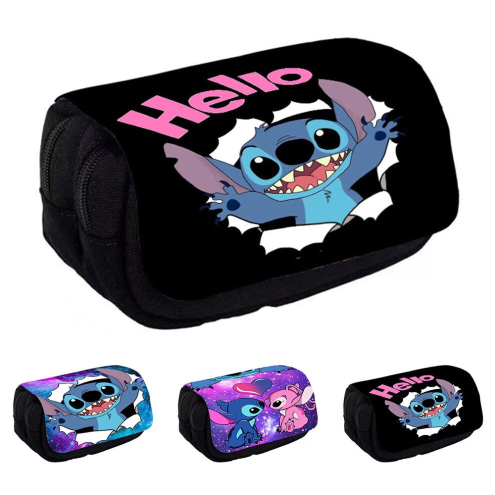 (B) Stitch Kids Double Layers Pencil Case Large Capacity School Students Pens Storage Pouch Stationery Organizer Bag Holder with Zipper