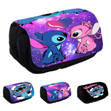 (C) Stitch Kids Double Layers Pencil Case Large Capacity School Students Pens Storage Pouch Stationery Organizer Bag Holder with Zipper