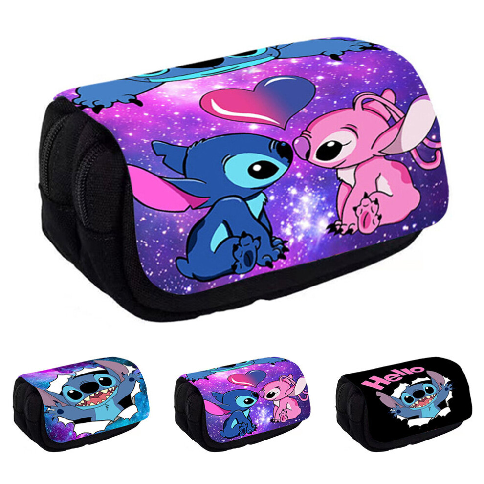 (C) Stitch Kids Double Layers Pencil Case Large Capacity School Students Pens Storage Pouch Stationery Organizer Bag Holder with Zipper