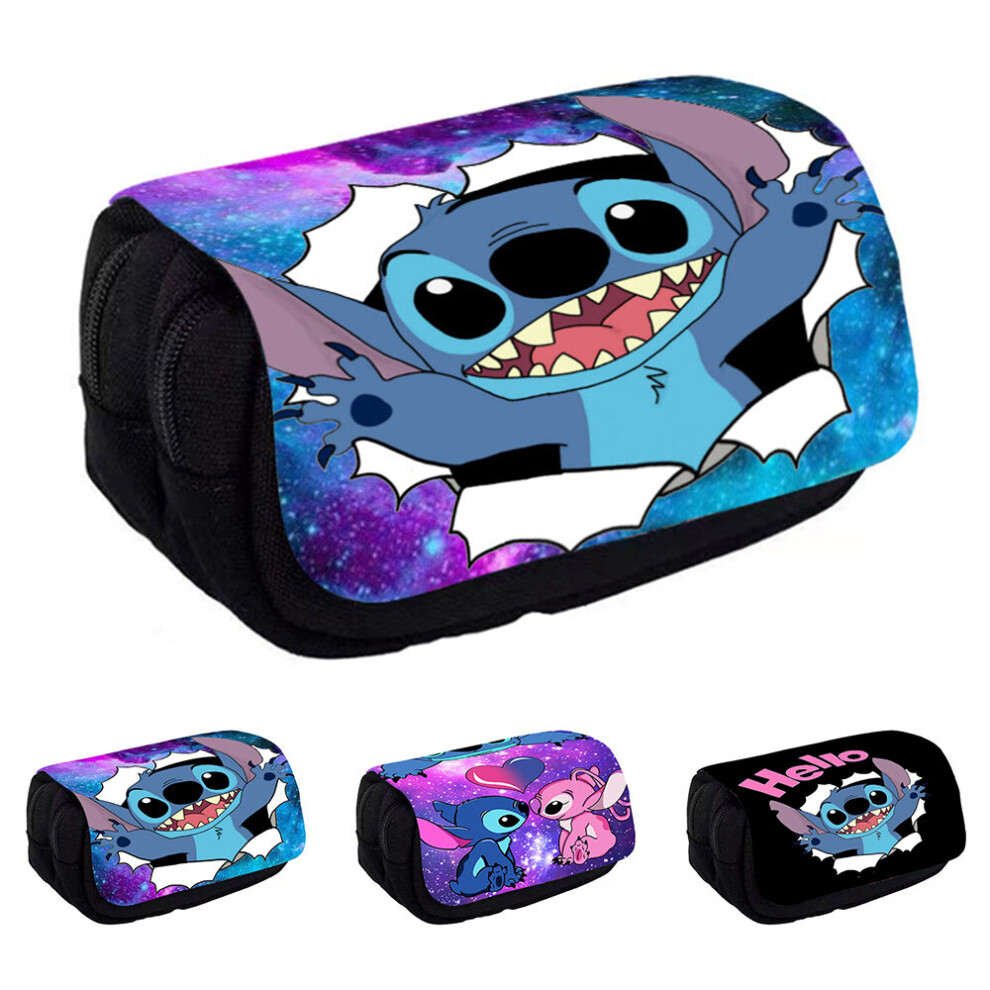 (A) Stitch Kids Double Layers Pencil Case Large Capacity School Students Pens Storage Pouch Stationery Organizer Bag Holder with Zipper