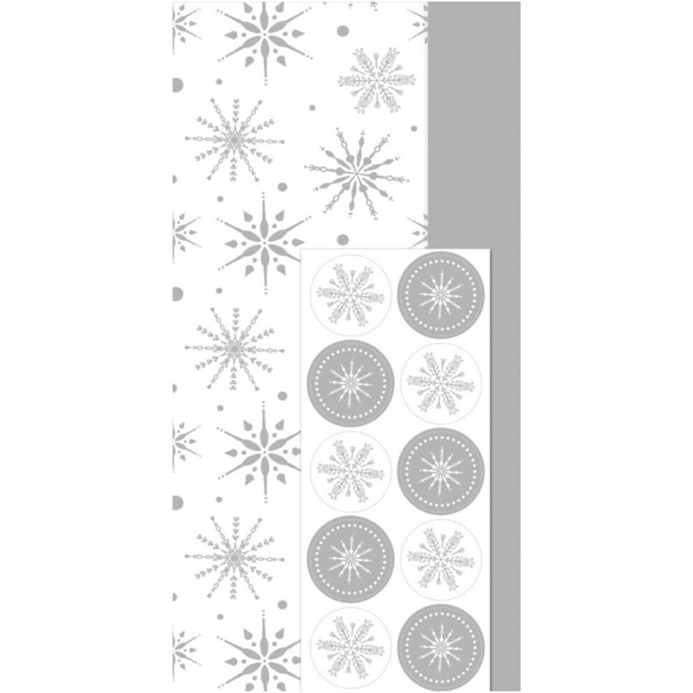 10 Sheets Of Christmas Tissue Paper Traditional Present Wrapping Gift Wrap With Seal Tabs -Silver Snowflakes