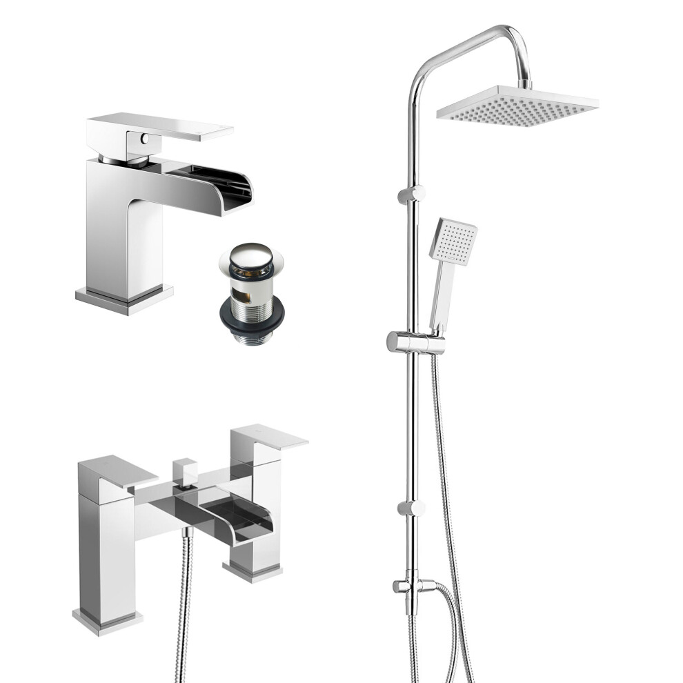 (Waterfall Bath Shower Mixer & Basin Tap) Chrome Square 3 Way Over Head Riser Shower Kit