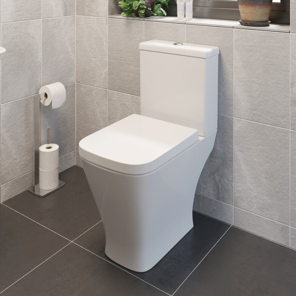 Square Close Coupled Toilet Modern Bathroom White Ceramic Soft Close Seat WC Pan