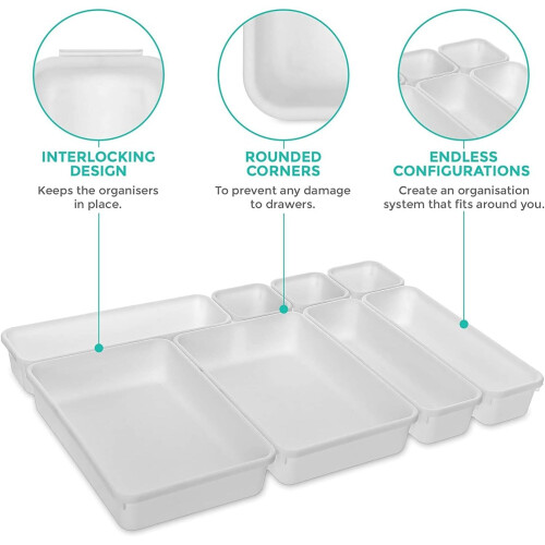 8pcs Interlocking Drawer Organiser Plastic Storage Trays Dividers , White on OnBuy