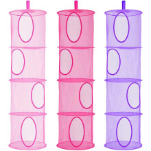 4-Tier Teddy Storage Hanging Mesh, 3-Pack Foldable (Pink, Rose, Purple) - Clear-View Toy & Clothing Organizer