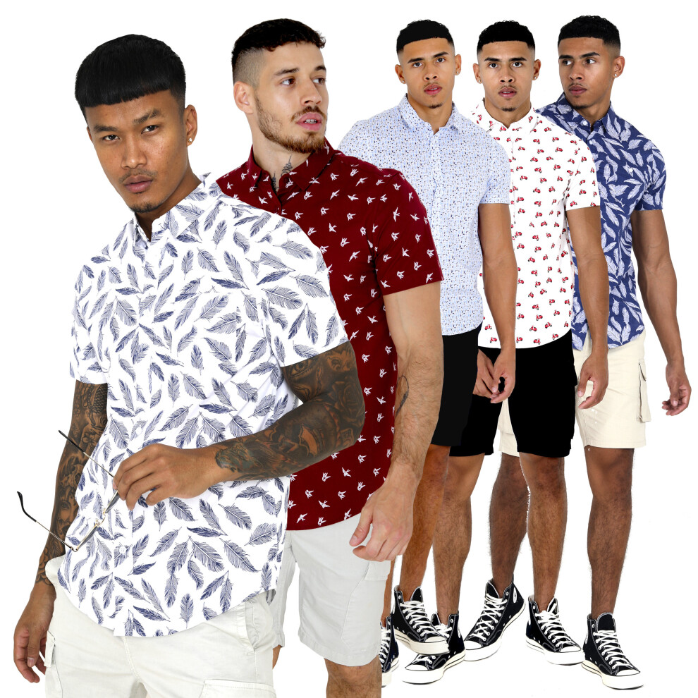 (Navy, White Beak Casual Short Sleeve Shirt, L) Men Brave Soul Cotton Print Short Sleeved Shirt