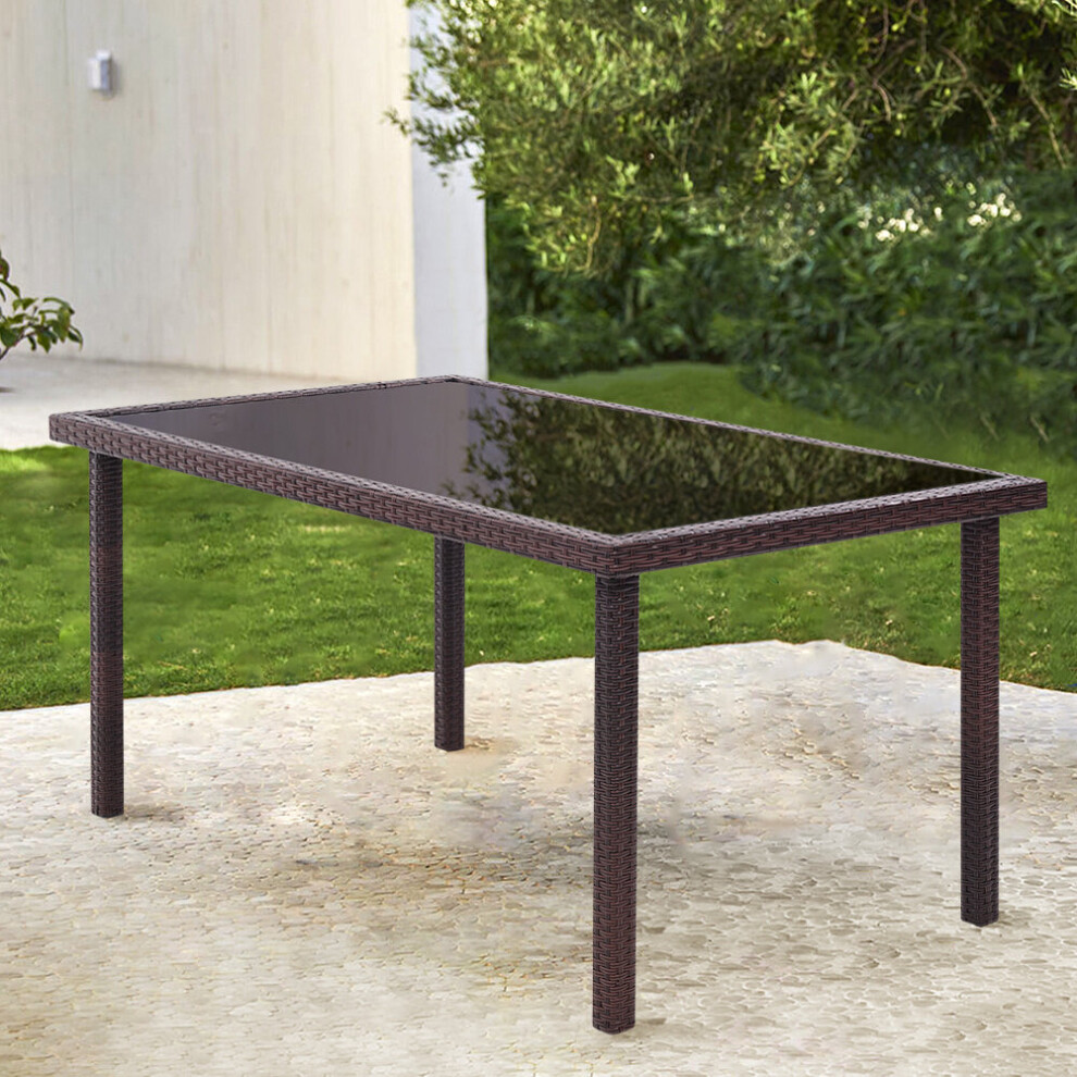 (Brown) Rectangle Tempered Glass Rattan Outdoor Garden Dining Table