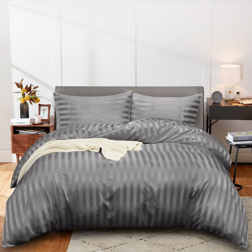 (King (230x220 cm)) Satin Stripe Duvet Cover 3PCS Grey Bedding Set