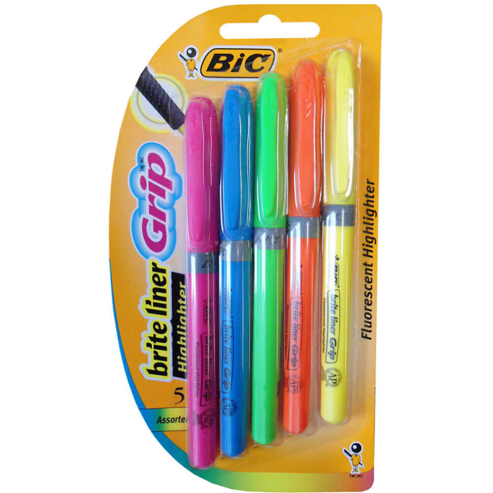 Bic GBLP51ASST Brite Liner Grip Highlighter  Chisel Tip  Five Fluorescent Colors per Set