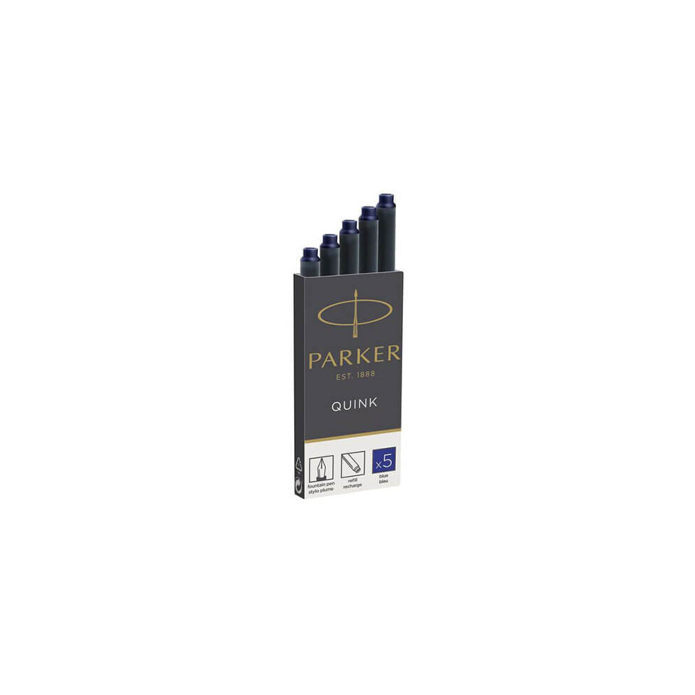 Parker Quink Fountain Pen Refills, Long Cartridges, Blue Ink, Blister Pack of 5