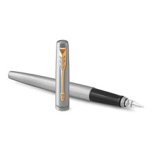 Parker Jotter Fountain Pen | Stainless Steel with Gold Trim | Medium Nib Blue Ink | Includes Gift Box