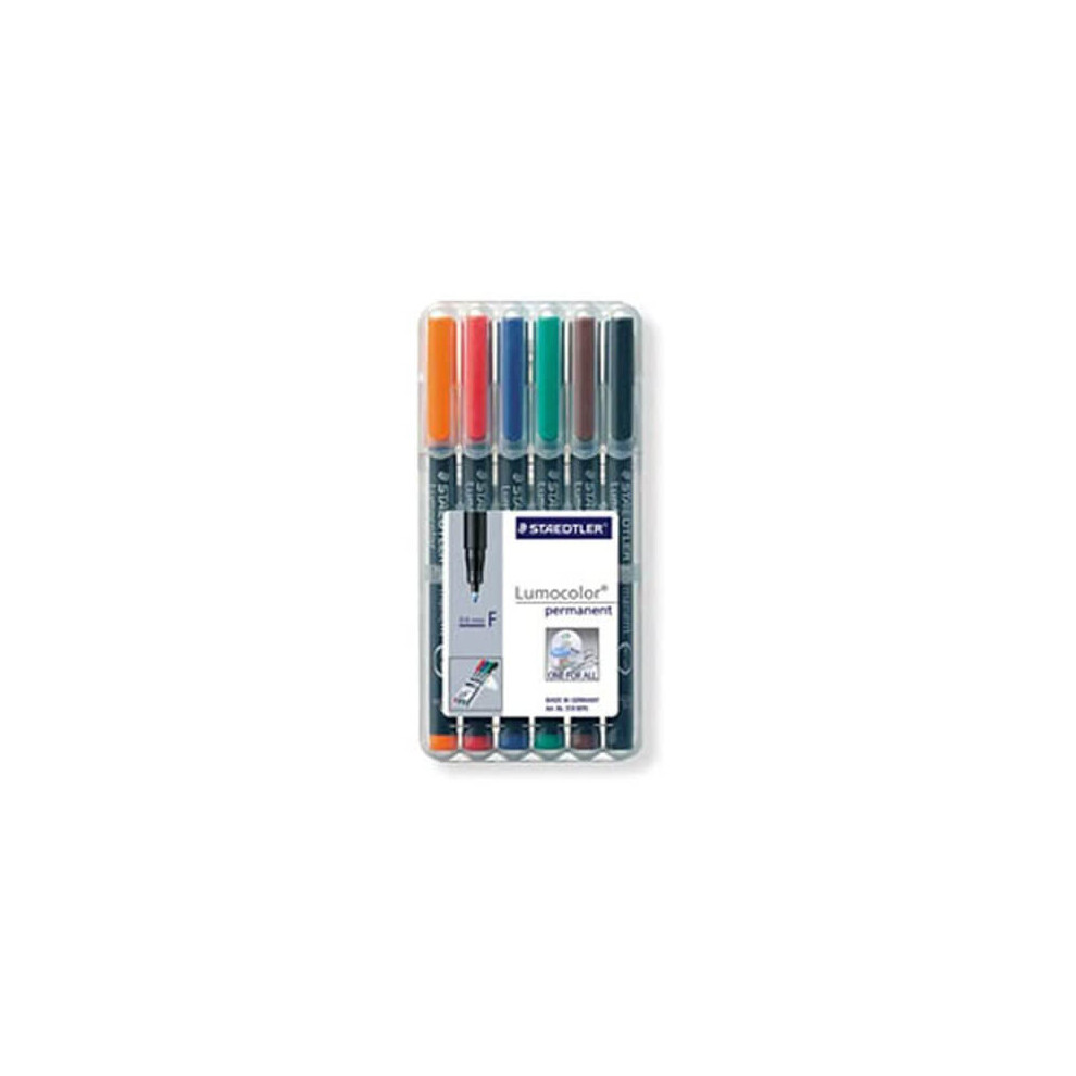 Staedtler Lumocolor Universal Pen Fine Felt Tip Permanent Marker Box of 6 Assorted Color Pens 0.6mm 318 WP6