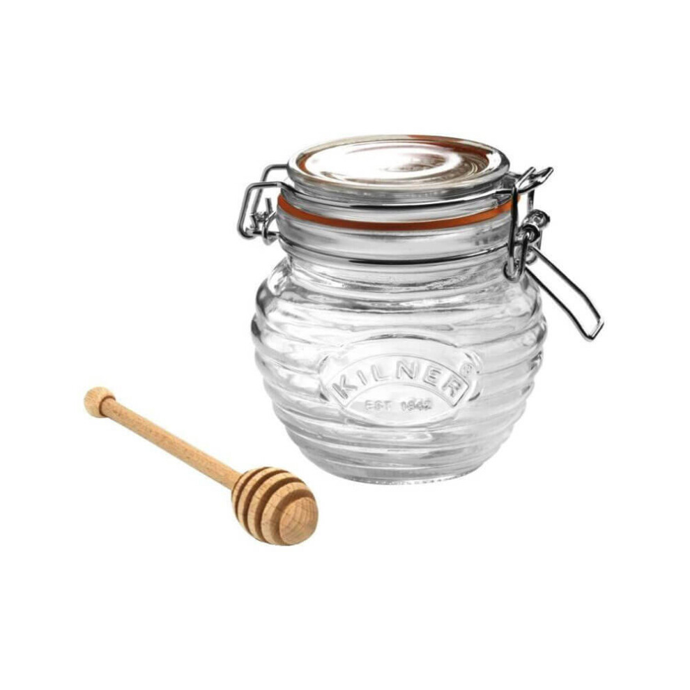 Kilner Glass 0.4L Honey Pot With Beech Wood Dipper Clip Top Jar Storage Kitchen