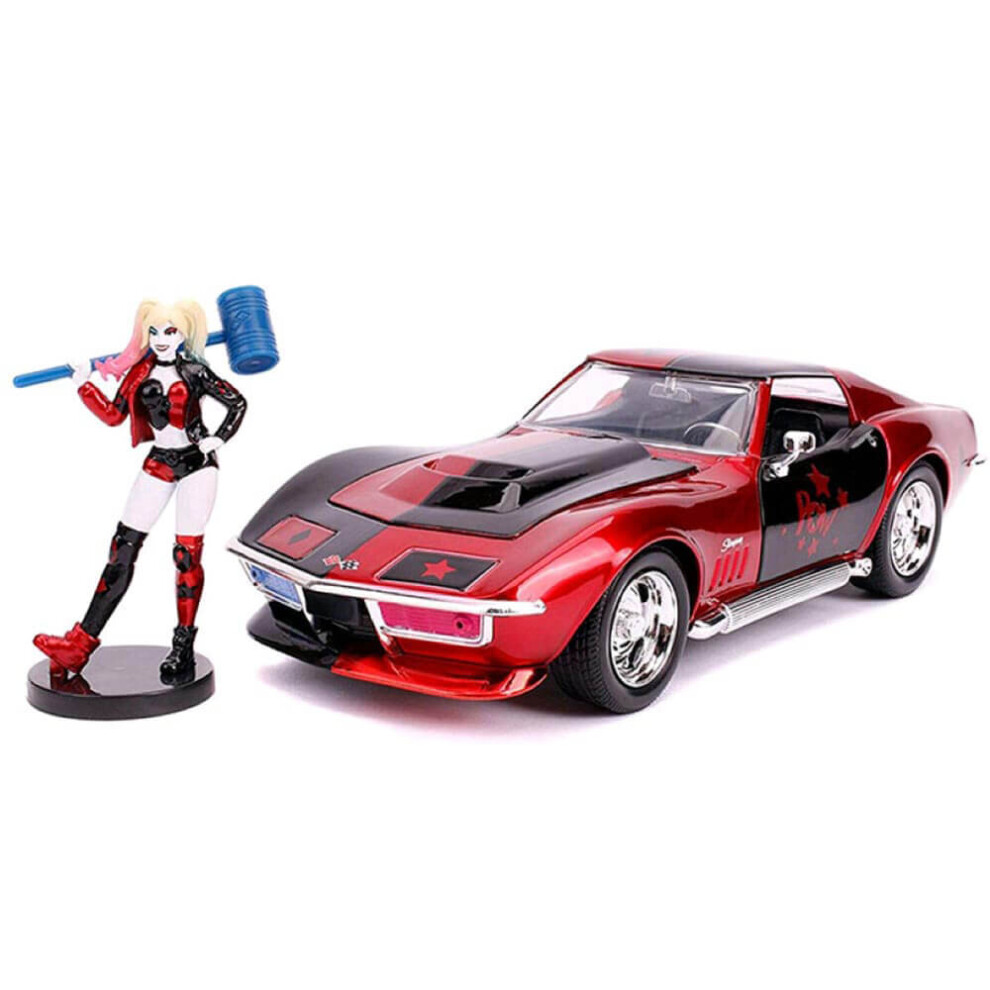 Jada 1969 Chevrolet Corvette Stingray With Harley Quinn Diecast Figurine \Dc Comics\" Series 1/24 Diecast Model Car By Jada"