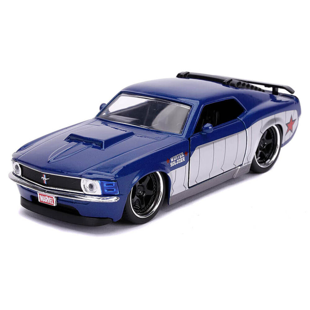 1970 Ford Mustang Boss Blue Metallic and Silver Winter Soldier Avengers Marvel Series 1/32 Diecast Model Car by Jada 31745-image-OPC-P7C27F9-NEW