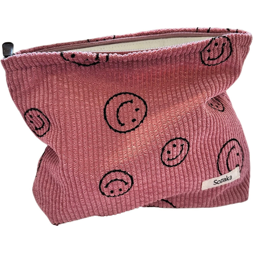 Tianfu Pink Cosmetic Bags For Women - Corduroy Cosmetic Bag Aesthetic Women Handbags Purses Smile Dots Makeup Organizer Storage Makeup Bag Girls Case Bags (Pink)