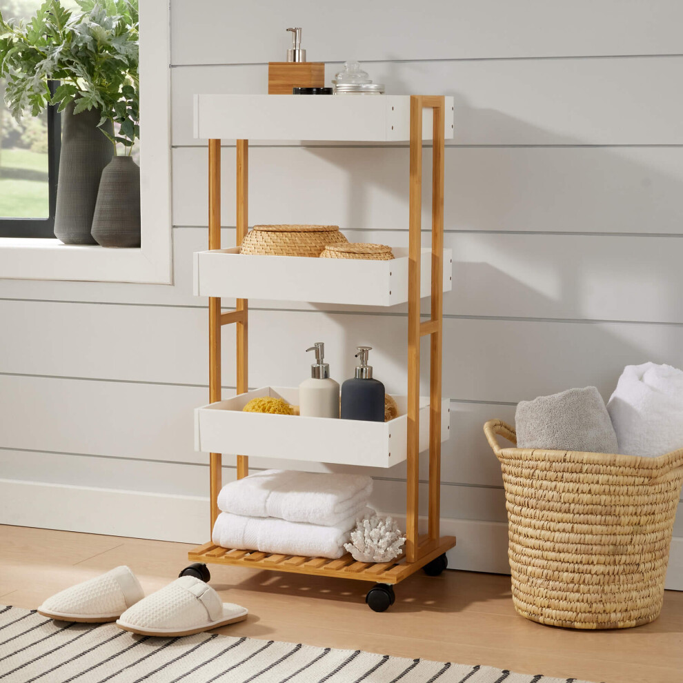 Home Source Oxford Bamboo 4 Tier White Utility Drinks Trolley Kitchen Bathroom Organiser Unit