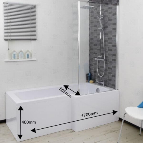 Complete Bathroom Suite Black 1700 L Shape RH Bath Screen Vanity WC Shower Taps 1